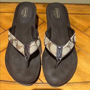 Coach Black Sandals with Signature Brown Straps